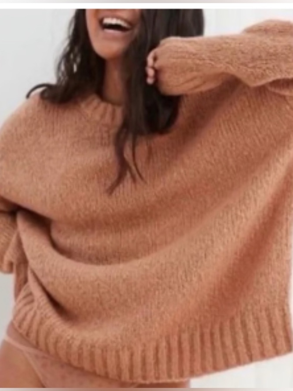 Aerie Oversized Knit Crewneck Sweater in Tan
